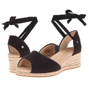 UGG Delmar Black Fabric Jute Espadrille Ankle Tie Wedge Heel Sandal Shoe 8.5